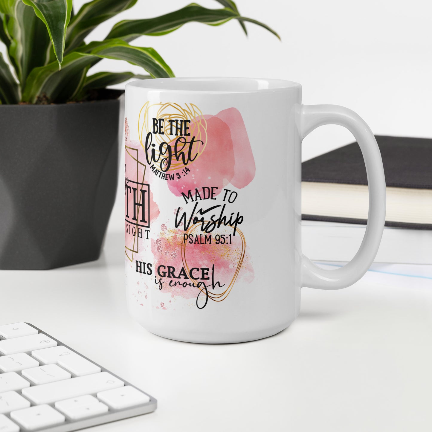 Mug Ceramic 15 oz Pink and Gold Verses